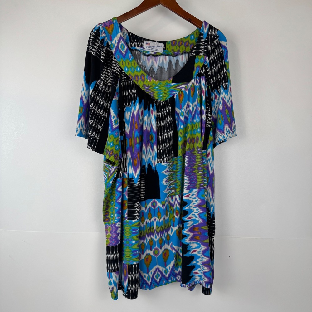 A Personal Touch Tunic Women 4X Multi Ikat Print V-Neck Scoop SS Boho US Made
